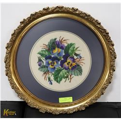 OVAL FRAMED NEEDLEPOINT PICTURE-FLOWERS