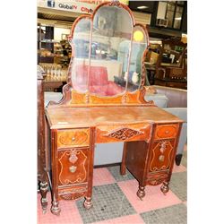 ANTIQUE WOOD VANITY TABLE WITH MIRROR