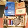 Image 1 : FLAT OF ANTIQUE CLOCK OIL, RING BOXES, CLOCK TOOLS