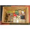 VINTAGE WOOD BOX FILLED WITH COLLECTOR TINS,