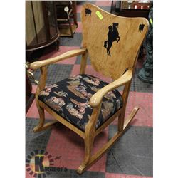 ANTIQUE WOOD ROCKING CHAIR W/COWBOY MOTIF -