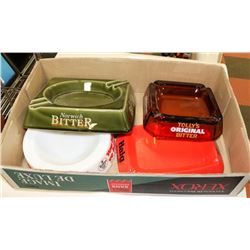 BOX W/ 4 VINTAGE BEER & SCOTCH ASHTRAYS