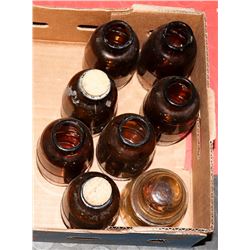 SEVEN BROWN SPICE STORAGE JARS WITH OLD CAPACITER