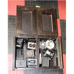 ANTIQUE WOOD CABINET FILLED WITH CAMERAS AND