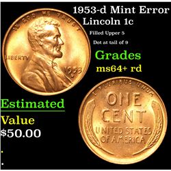 1953-d Mint Error Filled Upper 5 Dot at tail of 9 Lincoln Cent 1c Grades Choice+ Unc RD