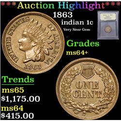 ***Auction Highlight*** 1863 Very Near Gem . Indian Cent 1c Graded Choice+ Unc By USCG (fc)