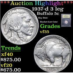 ***Auction Highlight*** 1937-d 3 leg Key Date Bucket List Coin' Buffalo Nickel 5c Graded vf++ By USC