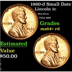 1960-d Small Date Mint Error Filled 'BER' Lincoln Cent 1c Grades Choice+ Unc RD
