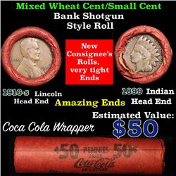 Mixed small cents 1c orig shotgun roll, 1916-s one end, 1899 Indian cent other end