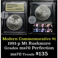 1991-p Mt. Rushmore Uncirculated  Modern Commem Dollar $1 Graded ms70, Perfection by USCG