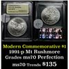 Image 1 : 1991-p Mt. Rushmore Uncirculated  Modern Commem Dollar $1 Graded ms70, Perfection by USCG