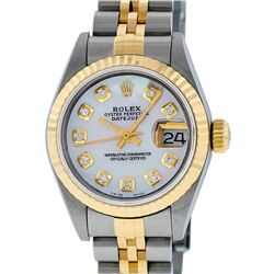 Rolex Ladies Quickset 2 Tone 18K Mother Of Pearl Diamond Datejust Wristwatch