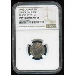 1986 Canada Twenty-Five Cents on Ten Cents Planchet