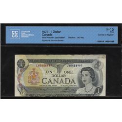 Bank of Canada $1, 1973 - Cut out of Registry Error