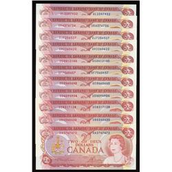 Bank of Canada $2, 1974 - Lot of 11 Sequential Prefix Radars