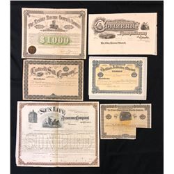 Six assorted financial documents printed by Canada Bank Note Co.