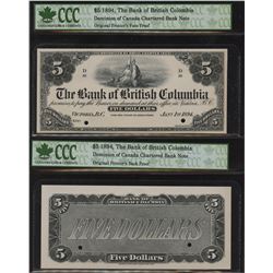 Bank of British Columbia, $5 1894 Face and Back Proofs