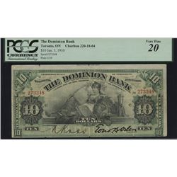 Dominion Bank $10, 1910 - Error Cut