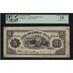 Quebec Bank, $5 Face Proof, 1901.