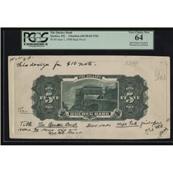 Quebec Bank, 1908 $5 Development Item, Back Progress Proof