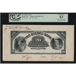 Quebec Bank, $20 1898 Face Proof