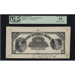 Quebec Bank, $20 1911 Face and Back Proofs.