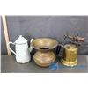 Image 1 : Enamel Pot, Brass Spitoon and Blow Torch