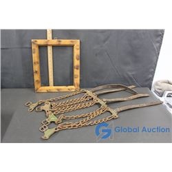 Vintage Model A Tire Chains with Leather Straps & Vintage Wooden Frame