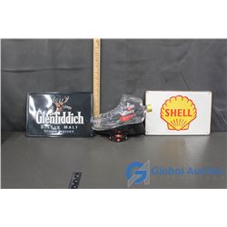 (2) Embossed Shell & Glenfiddich Tin Signs and A Skate Whiskey Bottle