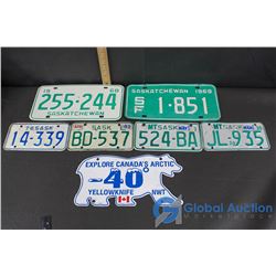 (4) Saskatchewan Motorcycle Plates, '68 & '69 License Plates, and Arctic Style Yellow Knife Plate