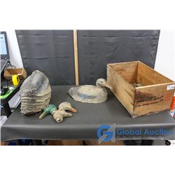 Wooden Crate of (10) Vintage Paper Duck Decoys with Replaceable Heads