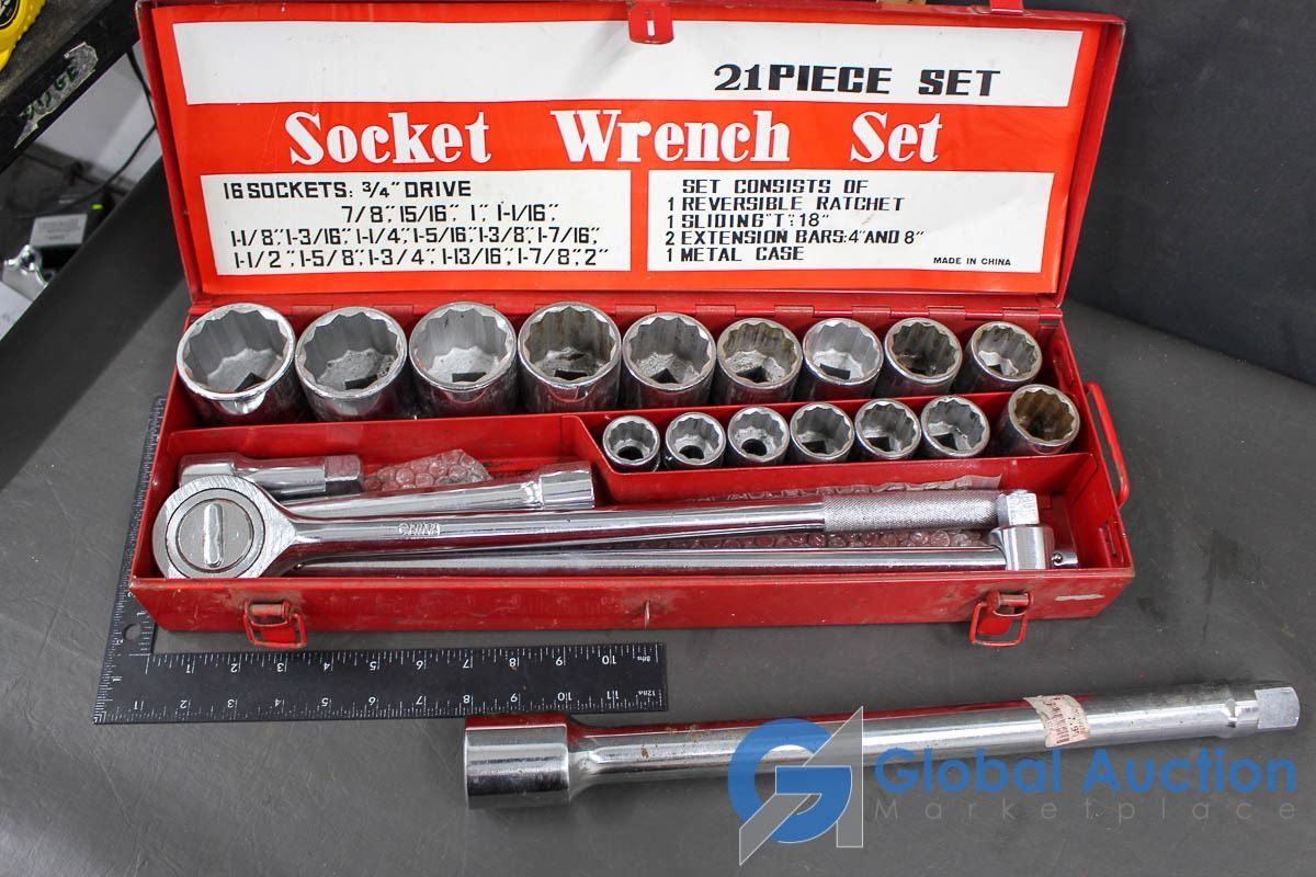3/4" Drive Socket Set, with Breaker Bar & Ratchet, 2 Extensions & 1" Drive 18" Extension