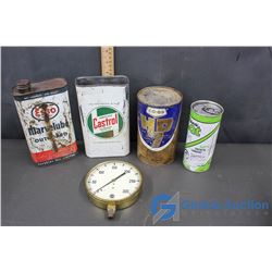 Air Compressor Gauge, 4 Tins of Motor Oil (2 empty)