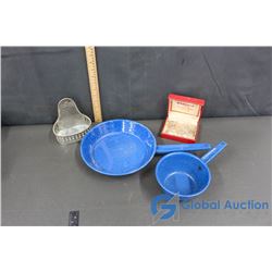 2 Blue Enameled Pots, Soap Dish Mount & Monicals