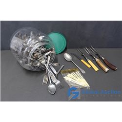Bucket of old Silverware; Serving Forks; Party Forks, etc