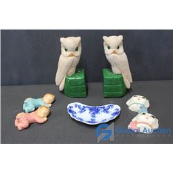 2 Chalkware Owl Book Ends; 4 Small Chalkware Figurines; Candy Dish