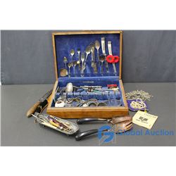 Wooden Silverware Case filled with Assorted Items