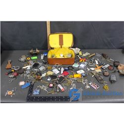 Assorted Keys, Keychains, Locks & Leather Case
