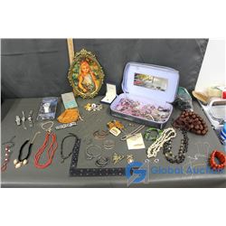 Assorted Jewelery & Trinkets with Picture in Frame