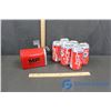 Image 1 : A 6 Pack of Coca-Cola Cans and A Tin Massey Ferguson Mailbox Coin Bank
