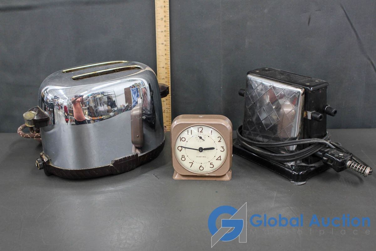 (2) Vintage Toasters and Clock