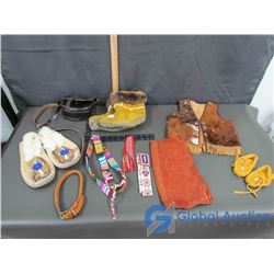 Assoted Leather: Pouch, Mukluks, Child's Hide Vest, Child's Moccasins, Beaded/Leather Work, & Etc.