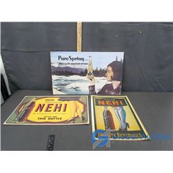 Retro: PureSpring Advertisment Sign, & (2) Nehi Advertisment Signs