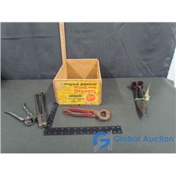 Original Japanese Orange Wood Box with Vinage Black Smith Related Tools, Etc.