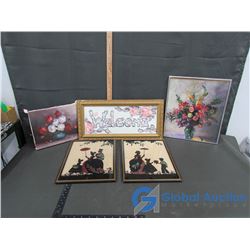 (3) Floral Wall Decor and (2) Colonial Glass (one with crack)