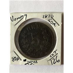 Rare Scarce 1876 Norway 5 Ore Coin