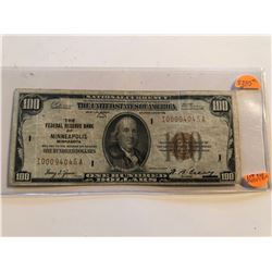 1929 Series 100 Dollar MINNEAPOLIS Federal Reserve Bank Note XF High Grade