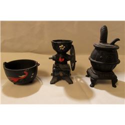 ANTIQUE CAST IRON WOOD STOVE, KETTLE, &