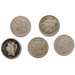 5-THREE CENT NICKELS AVG CIRC