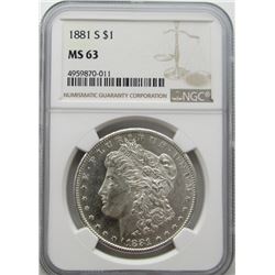 1881-S Morgan Silver Dollar $ NGC MS 63 Blast Whit